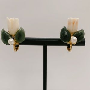 Vintage White Rose Clip On Earring Faux Ivory, Jade, Pearl